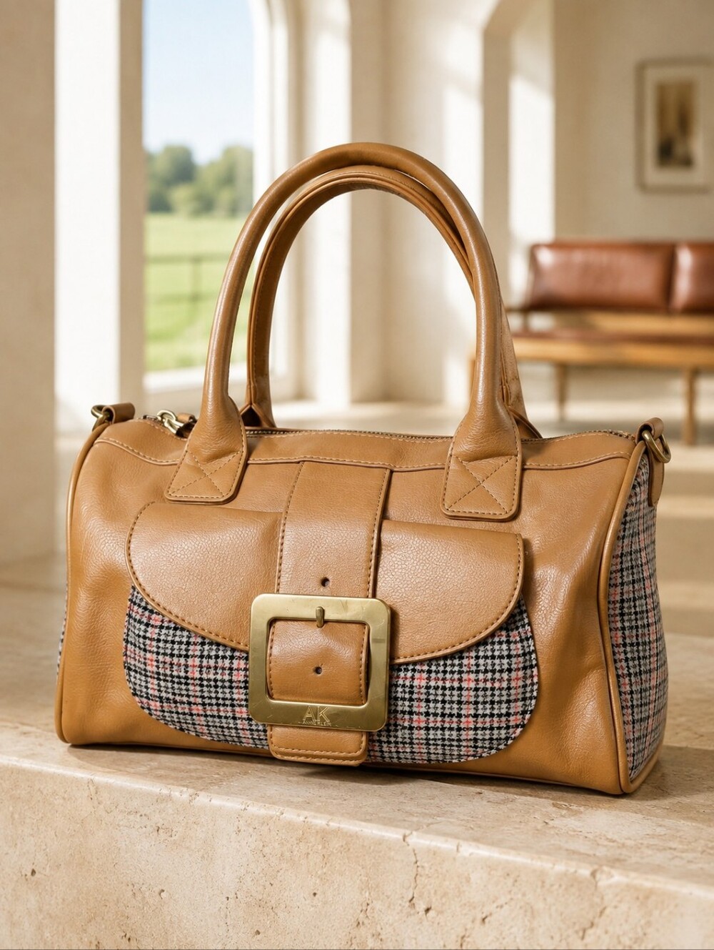 Anne Klein Camel Plaid Buckle Satchel Top Handle Bag